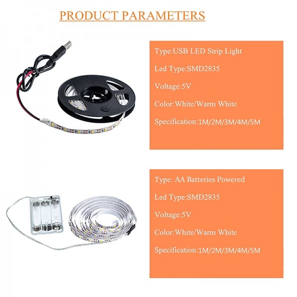 LED Light Strips USB Interface or AA Battery Box Power Supply Flexible 2835 SMD Per Meter 60 LEDs 8mm Warm White Cold White 5V LED Light Strip LED Light Strips USB Interface or AA Battery Box Power Supply Flexible 2835 SMD Per Meter 60 LEDs 8mm Warm White Cold White 5V LED Light Strip