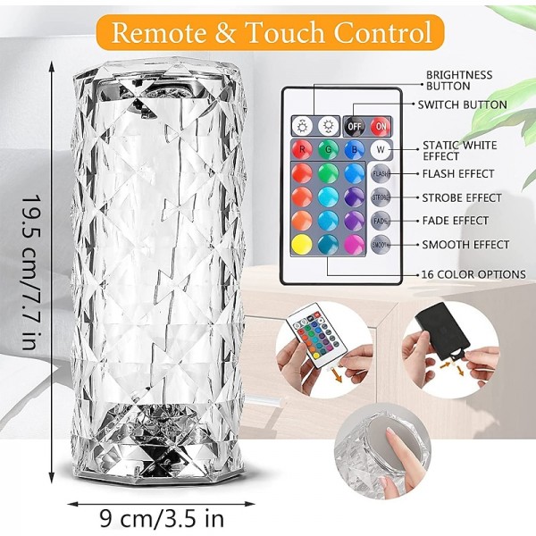 Crystal Table Lamp 16 Colors Change Touch Remote Control Modern Bedside Table Lamp USB Rechargeable Rose Desk Lamp Night Light Bedside Lamp For Bedroom Living Room Dinner Bar Decoration Crystal Table Lamp 16 Colors Change Touch Remote Control Modern Bedside Table Lamp USB Rechargeable Rose Desk Lamp Night Light Bedside Lamp For Bedroom Living Room Dinner Bar Decoration