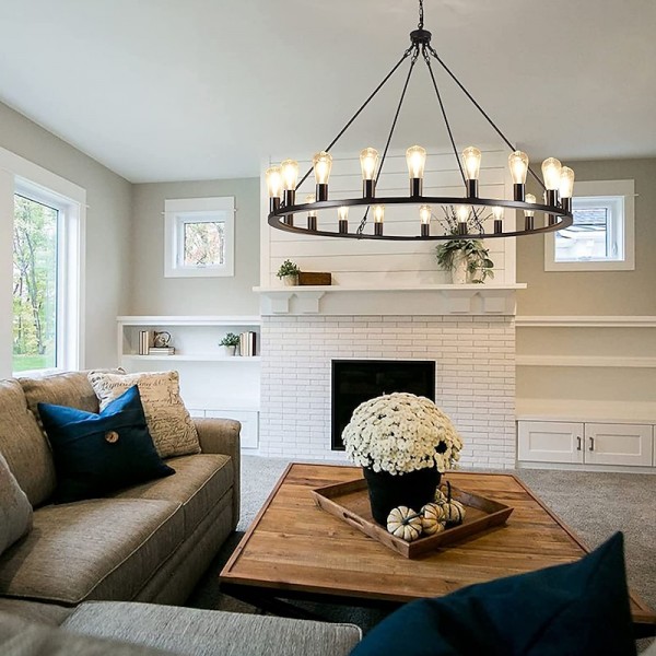 LED Chandelier Black on Wheels 20-Light Large Round Rustic Countryside Chandelier Industrial Light Fixture for Dining Room Living Room Kitchen Island Foyer Hallway LED Chandelier Black on Wheels 20-Light Large Round Rustic Countryside Chandelier Industrial Light Fixture for Dining Room Living Room Kitchen Island Foyer Hallway