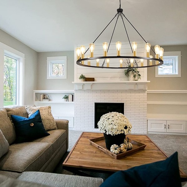 LED Chandelier Black on Wheels 20-Light Large Round Rustic Countryside Chandelier Industrial Light Fixture for Dining Room Living Room Kitchen Island Foyer Hallway LED Chandelier Black on Wheels 20-Light Large Round Rustic Countryside Chandelier Industrial Light Fixture for Dining Room Living Room Kitchen Island Foyer Hallway