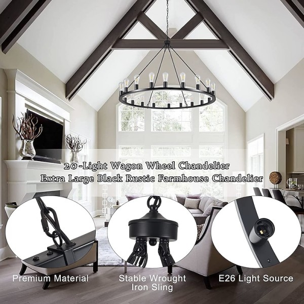 LED Chandelier Black on Wheels 20-Light Large Round Rustic Countryside Chandelier Industrial Light Fixture for Dining Room Living Room Kitchen Island Foyer Hallway LED Chandelier Black on Wheels 20-Light Large Round Rustic Countryside Chandelier Industrial Light Fixture for Dining Room Living Room Kitchen Island Foyer Hallway