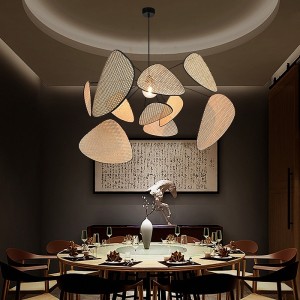 LED Pendant Light Rattan Chandelier Handmade Bamboo Art Hanging Lamp Kitchen Island Pendant Lamp, Creative Leaf Grid Rural Garden Rattan Lamp Simple Lighting