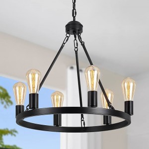 Black Matte Chandelier 6-Light Wagon Wheel Chandelier 21&quot; Farmhouse Pendant Chandeliers Fixture Contemporary Industrial Chandelier for Living Dining Room Kitchen Island Entryway Foyer Bar 110-240V