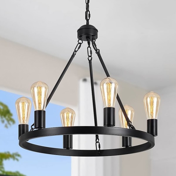 Black Matte Chandelier 6-Light Wagon Wheel Chandelier 21&quot; Farmhouse Pendant Chandeliers Fixture Contemporary Industrial Chandelier for Living Dining Room Kitchen Island Entryway Foyer Bar 110-240V