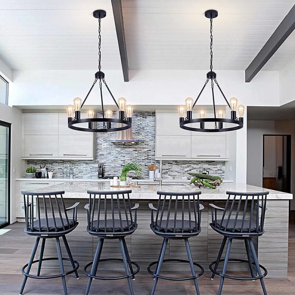 Black Matte Chandelier 6-Light Wagon Wheel Chandelier 21&quot; Farmhouse Pendant Chandeliers Fixture Contemporary Industrial Chandelier for Living Dining Room Kitchen Island Entryway Foyer Bar 110-240V