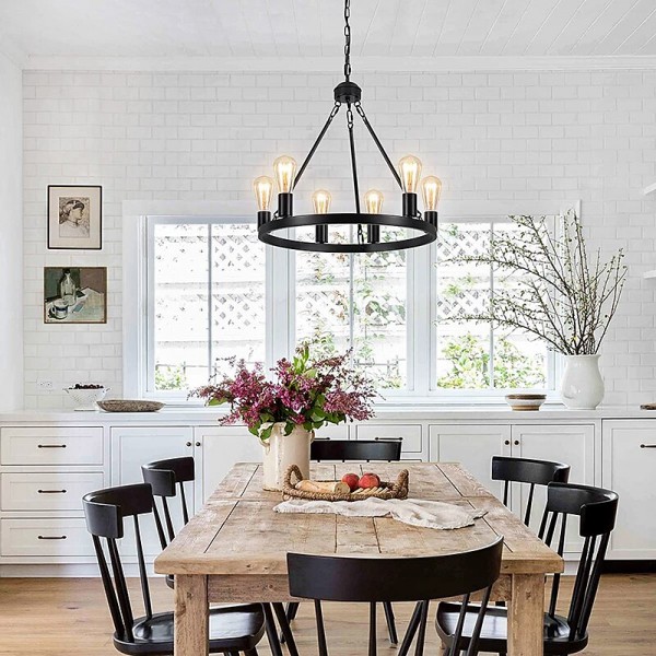 Black Matte Chandelier 6-Light Wagon Wheel Chandelier 21&quot; Farmhouse Pendant Chandeliers Fixture Contemporary Industrial Chandelier for Living Dining Room Kitchen Island Entryway Foyer Bar 110-240V