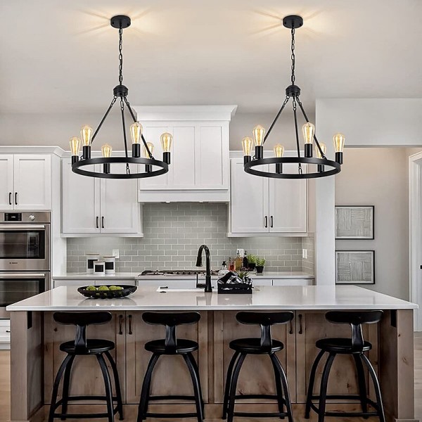 Black Matte Chandelier 6-Light Wagon Wheel Chandelier 21&quot; Farmhouse Pendant Chandeliers Fixture Contemporary Industrial Chandelier for Living Dining Room Kitchen Island Entryway Foyer Bar 110-240V