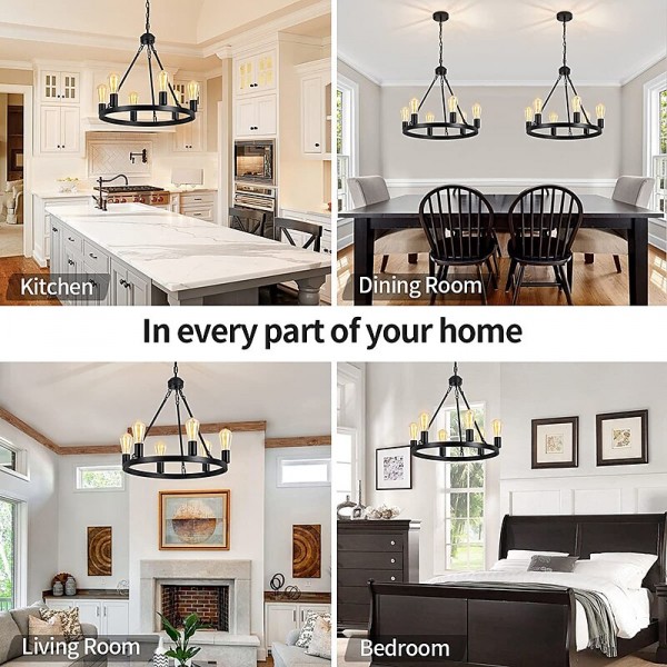 Black Matte Chandelier 6-Light Wagon Wheel Chandelier 21&quot; Farmhouse Pendant Chandeliers Fixture Contemporary Industrial Chandelier for Living Dining Room Kitchen Island Entryway Foyer Bar 110-240V