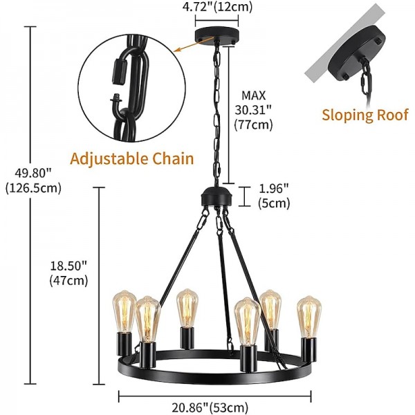 Black Matte Chandelier 6-Light Wagon Wheel Chandelier 21&quot; Farmhouse Pendant Chandeliers Fixture Contemporary Industrial Chandelier for Living Dining Room Kitchen Island Entryway Foyer Bar 110-240V