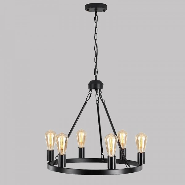 Black Matte Chandelier 6-Light Wagon Wheel Chandelier 21&quot; Farmhouse Pendant Chandeliers Fixture Contemporary Industrial Chandelier for Living Dining Room Kitchen Island Entryway Foyer Bar 110-240V