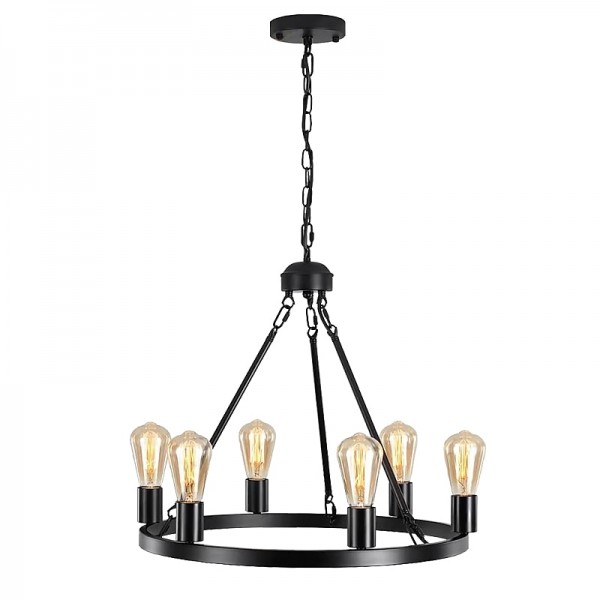 Black Matte Chandelier 6-Light Wagon Wheel Chandelier 21&quot; Farmhouse Pendant Chandeliers Fixture Contemporary Industrial Chandelier for Living Dining Room Kitchen Island Entryway Foyer Bar 110-240V
