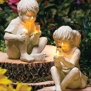 Outdoor Luminous Boy and Girl Resin Courtyard Garden Decoration Sculpture Garden Courtyard Solar Lighted Firefly Jar with Switch 40Mah Battery Creative Yard Outdoor Sculpture for Garden Decor