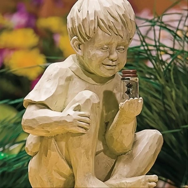 Outdoor Luminous Boy and Girl Resin Courtyard Garden Decoration Sculpture Garden Courtyard Solar Lighted Firefly Jar with Switch 40Mah Battery Creative Yard Outdoor Sculpture for Garden Decor
