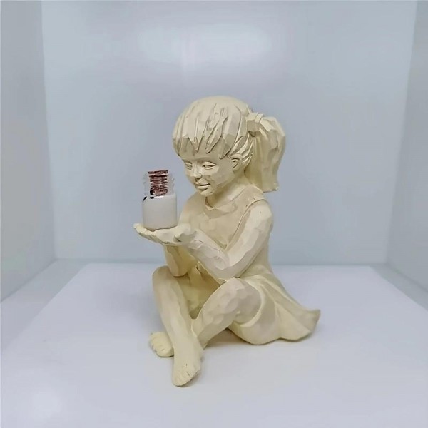 Outdoor Luminous Boy and Girl Resin Courtyard Garden Decoration Sculpture Garden Courtyard Solar Lighted Firefly Jar with Switch 40Mah Battery Creative Yard Outdoor Sculpture for Garden Decor