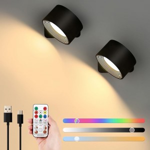 LED Wall Mounted Lights 2 Pcs with Remote, Sensor Puck Lamp 3000mAh Rechargeable Battery Operated, Tri-Color Dimmable Magnetic 360° Rotation Cordless Light for Bedroom Bedside