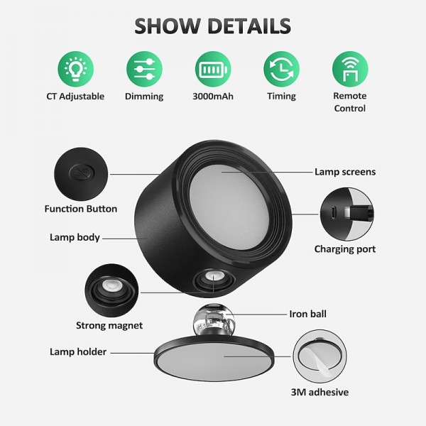 LED Wall Mounted Lights 2 Pcs with Remote, Sensor Puck Lamp 3000mAh Rechargeable Battery Operated, Tri-Color Dimmable Magnetic 360° Rotation Cordless Light for Bedroom Bedside LED Wall Mounted Lights 2 Pcs with Remote, Sensor Puck Lamp 3000mAh Rechargeable Battery Operated, Tri-Color Dimmable Magnetic 360° Rotation Cordless Light for Bedroom Bedside