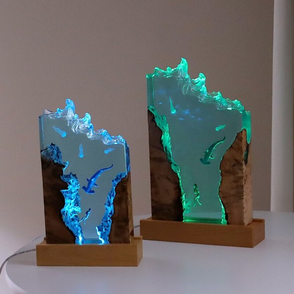 Manta Rays and Couple Diver Resin Night Light Mermaid Whale Office Desktop Art Ornaments Shipwreck Octopus Christmas Gift Solid Wood Resin Night Lamp
