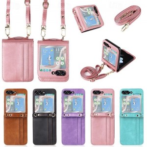 Phone Case For Samsung Galaxy Z Flip 5 Flip Cover with Lanyard Card Slot Shockproof Retro PC PU Leather Phone Case For Samsung Galaxy Z Flip 5 Flip Cover with Lanyard Card Slot Shockproof Retro PC PU Leather