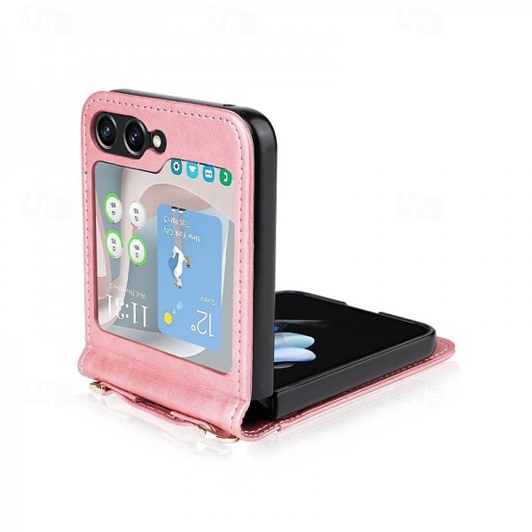 Phone Case For Samsung Galaxy Z Flip 5 Flip Cover with Lanyard Card Slot Shockproof Retro PC PU Leather