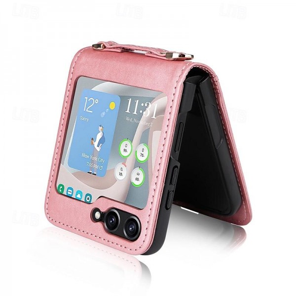 Phone Case For Samsung Galaxy Z Flip 5 Flip Cover with Lanyard Card Slot Shockproof Retro PC PU Leather