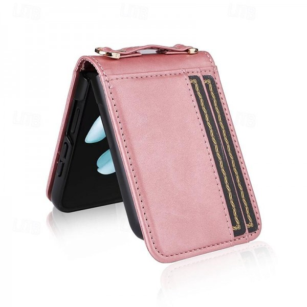 Phone Case For Samsung Galaxy Z Flip 5 Flip Cover with Lanyard Card Slot Shockproof Retro PC PU Leather