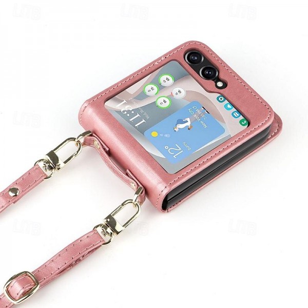 Phone Case For Samsung Galaxy Z Flip 5 Flip Cover with Lanyard Card Slot Shockproof Retro PC PU Leather
