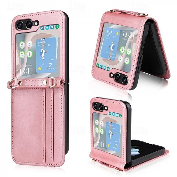 Phone Case For Samsung Galaxy Z Flip 5 Flip Cover with Lanyard Card Slot Shockproof Retro PC PU Leather