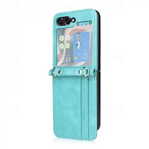 Phone Case For Samsung Galaxy Z Flip 5 Flip Cover with Lanyard Card Slot Shockproof Retro PC PU Leather