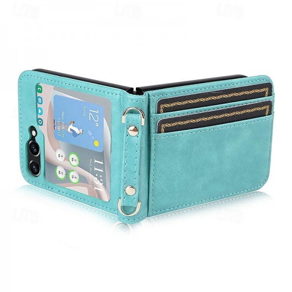 Phone Case For Samsung Galaxy Z Flip 5 Flip Cover with Lanyard Card Slot Shockproof Retro PC PU Leather