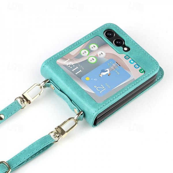 Phone Case For Samsung Galaxy Z Flip 5 Flip Cover with Lanyard Card Slot Shockproof Retro PC PU Leather