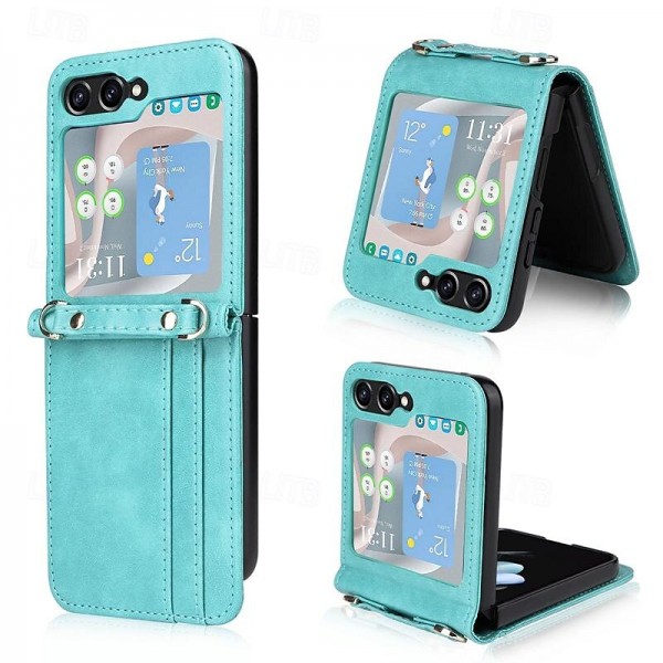 Phone Case For Samsung Galaxy Z Flip 5 Flip Cover with Lanyard Card Slot Shockproof Retro PC PU Leather