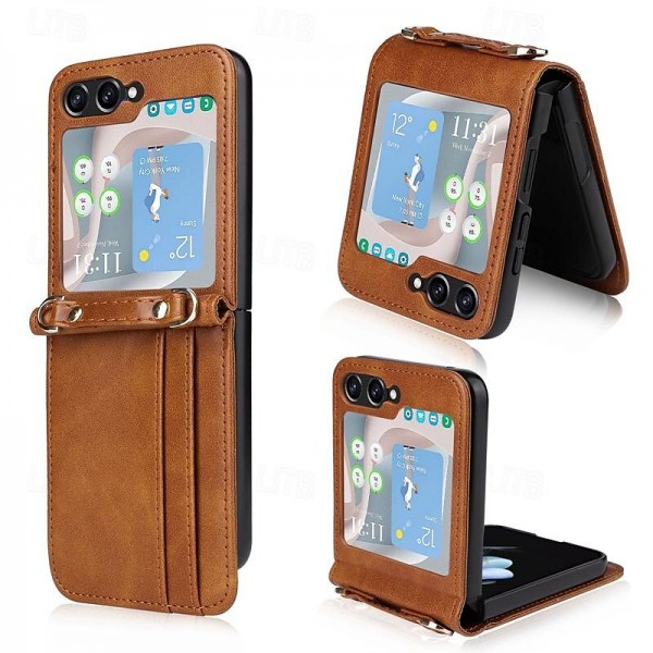 Phone Case For Samsung Galaxy Z Flip 5 Flip Cover with Lanyard Card Slot Shockproof Retro PC PU Leather