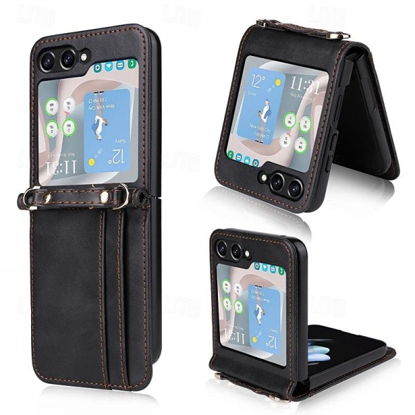 Phone Case For Samsung Galaxy Z Flip 5 Flip Cover with Lanyard Card Slot Shockproof Retro PC PU Leather
