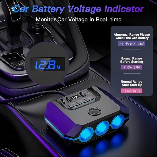 High-Power 120W 7-in-1 Car Charger with 3 Sockets and 4 USB Ports - Individual Switches LED Voltage Display for Efficient Multi-Device Charging High-Power 120W 7-in-1 Car Charger with 3 Sockets and 4 USB Ports - Individual Switches LED Voltage Display for Efficient Multi-Device Charging