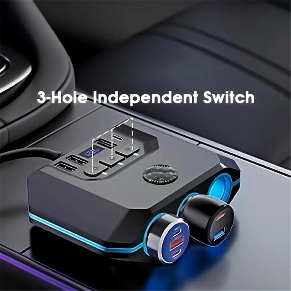 High-Power 120W 7-in-1 Car Charger with 3 Sockets and 4 USB Ports - Individual Switches LED Voltage Display for Efficient Multi-Device Charging High-Power 120W 7-in-1 Car Charger with 3 Sockets and 4 USB Ports - Individual Switches LED Voltage Display for Efficient Multi-Device Charging