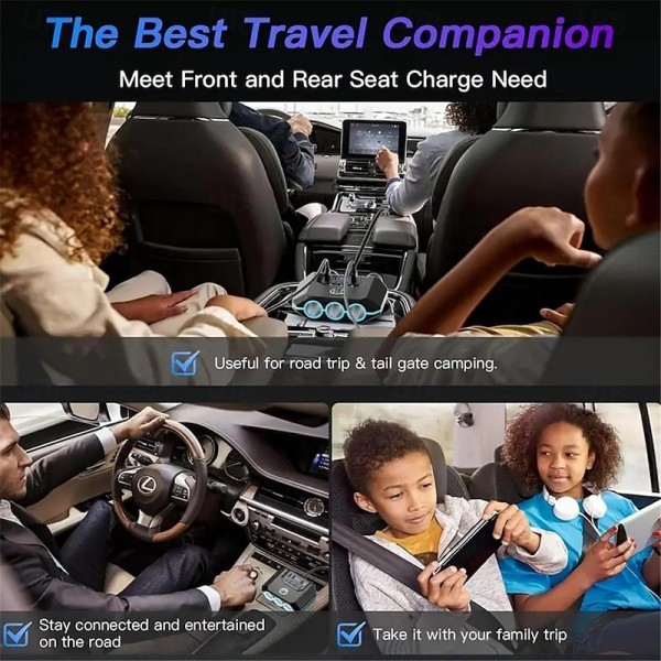 High-Power 120W 7-in-1 Car Charger with 3 Sockets and 4 USB Ports - Individual Switches LED Voltage Display for Efficient Multi-Device Charging High-Power 120W 7-in-1 Car Charger with 3 Sockets and 4 USB Ports - Individual Switches LED Voltage Display for Efficient Multi-Device Charging
