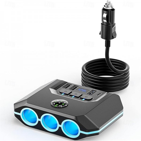 High-Power 120W 7-in-1 Car Charger with 3 Sockets and 4 USB Ports - Individual Switches LED Voltage Display for Efficient Multi-Device Charging High-Power 120W 7-in-1 Car Charger with 3 Sockets and 4 USB Ports - Individual Switches LED Voltage Display for Efficient Multi-Device Charging