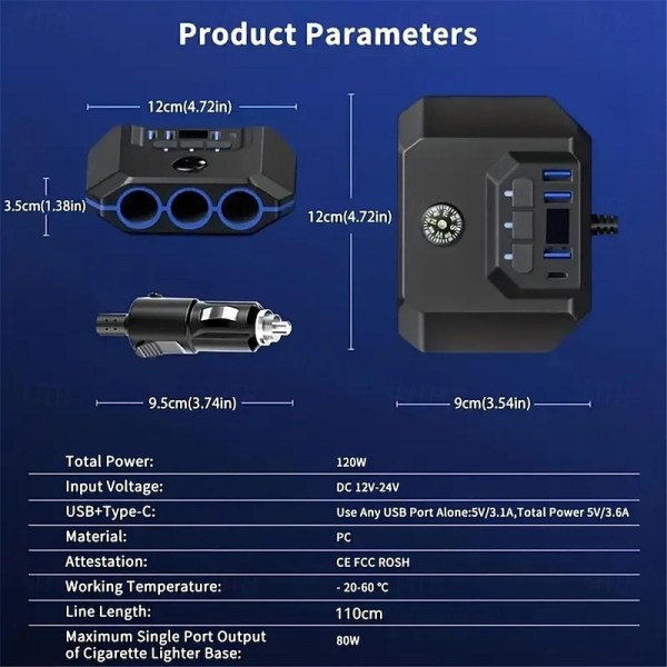 High-Power 120W 7-in-1 Car Charger with 3 Sockets and 4 USB Ports - Individual Switches LED Voltage Display for Efficient Multi-Device Charging High-Power 120W 7-in-1 Car Charger with 3 Sockets and 4 USB Ports - Individual Switches LED Voltage Display for Efficient Multi-Device Charging