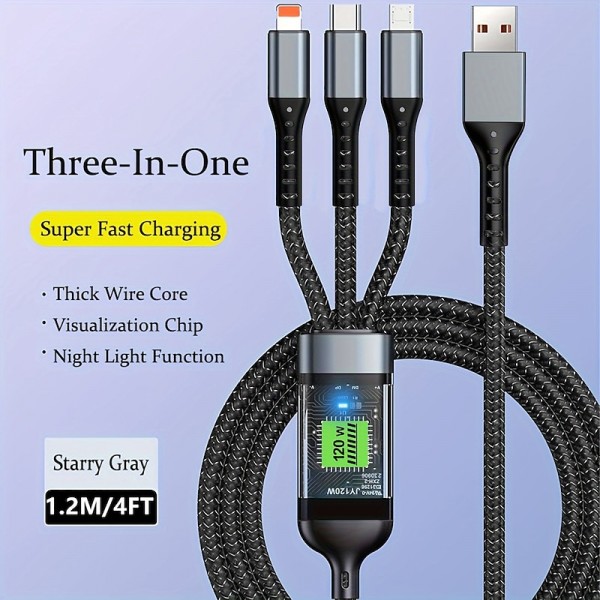 3-in-1 100W Fast Charging Cable Smart Super Fast Charging Support Multi-Interface Charging USB Visual Power Charging Cable Compatible With Apple Samsung OPPO Car Fast Charging Cable 3-in-1 100W Fast Charging Cable Smart Super Fast Charging Support Multi-Interface Charging USB Visual Power Charging Cable Compatible With Apple Samsung OPPO Car Fast Charging Cable