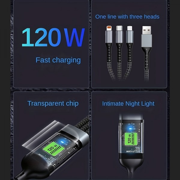 3-in-1 100W Fast Charging Cable Smart Super Fast Charging Support Multi-Interface Charging USB Visual Power Charging Cable Compatible With Apple Samsung OPPO Car Fast Charging Cable 3-in-1 100W Fast Charging Cable Smart Super Fast Charging Support Multi-Interface Charging USB Visual Power Charging Cable Compatible With Apple Samsung OPPO Car Fast Charging Cable