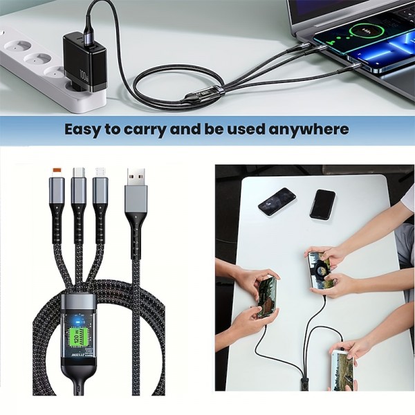 3-in-1 100W Fast Charging Cable Smart Super Fast Charging Support Multi-Interface Charging USB Visual Power Charging Cable Compatible With Apple Samsung OPPO Car Fast Charging Cable 3-in-1 100W Fast Charging Cable Smart Super Fast Charging Support Multi-Interface Charging USB Visual Power Charging Cable Compatible With Apple Samsung OPPO Car Fast Charging Cable