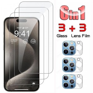 3+3pack  Designed for iPhone 15 14 13 12 11 Pro Max 15 14 Plus 12 13 Mini Screen Protector 3 Pack HD Tempered Glass with 3 Pack Camera Lens Protector Case Friendly 9H Hardness Bubble Free Accessories
