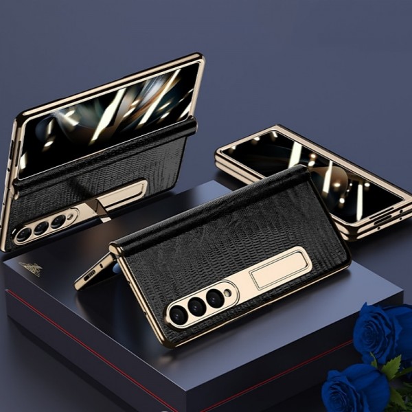Leather Phone Case for Samsung Galaxy Z Fold 5 4 3 Fold4 Fold5 Gold Plating Magnetic Hinge Stand Back Cover with Mirror Film Leather Phone Case for Samsung Galaxy Z Fold 5 4 3 Fold4 Fold5 Gold Plating Magnetic Hinge Stand Back Cover with Mirror Film