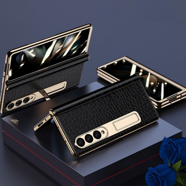 Leather Phone Case for Samsung Galaxy Z Fold 5 4 3 Fold4 Fold5 Gold Plating Magnetic Hinge Stand Back Cover with Mirror Film Leather Phone Case for Samsung Galaxy Z Fold 5 4 3 Fold4 Fold5 Gold Plating Magnetic Hinge Stand Back Cover with Mirror Film