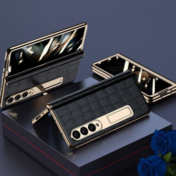 Leather Phone Case for Samsung Galaxy Z Fold 5 4 3 Fold4 Fold5 Gold Plating Magnetic Hinge Stand Back Cover with Mirror Film Leather Phone Case for Samsung Galaxy Z Fold 5 4 3 Fold4 Fold5 Gold Plating Magnetic Hinge Stand Back Cover with Mirror Film