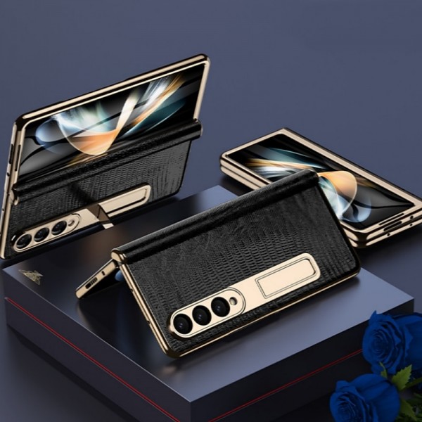 Leather Phone Case for Samsung Galaxy Z Fold 5 4 3 Fold4 Fold5 Gold Plating Magnetic Hinge Stand Back Cover with Mirror Film Leather Phone Case for Samsung Galaxy Z Fold 5 4 3 Fold4 Fold5 Gold Plating Magnetic Hinge Stand Back Cover with Mirror Film