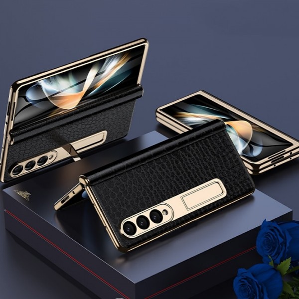 Leather Phone Case for Samsung Galaxy Z Fold 5 4 3 Fold4 Fold5 Gold Plating Magnetic Hinge Stand Back Cover with Mirror Film Leather Phone Case for Samsung Galaxy Z Fold 5 4 3 Fold4 Fold5 Gold Plating Magnetic Hinge Stand Back Cover with Mirror Film