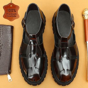 Men&#039;s Sandals Leather Shoes Fishermen sandals Leather Italian Full-Grain Cowhide Breathable Comfortable Slip Resistant Lace-up Black Coffee