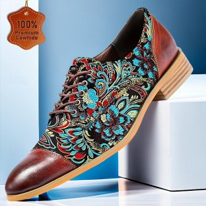 Men&#039;s Dress Shoes Red Brown Floral Embroidery  Leather Italian Full-Grain Cowhide Oxfords Slip Resistant Lace-up
