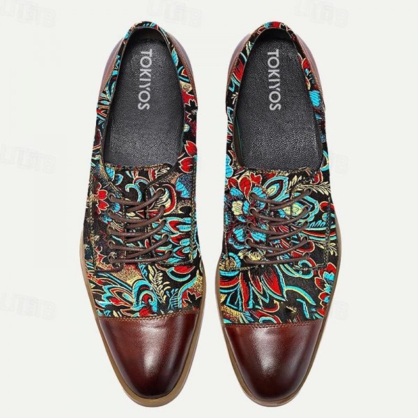 Men&#039;s Dress Shoes Red Brown Floral Embroidery  Leather Italian Full-Grain Cowhide Oxfords Slip Resistant Lace-up